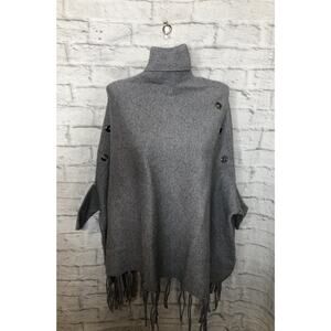 Crosstree Lane Gray Button Detail Women's Ribbed Sweater Poncho Fringe One Size